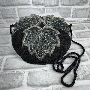 Vintage Beautiful Black And Green Beaded Crossbody Evening Party Purse Bag